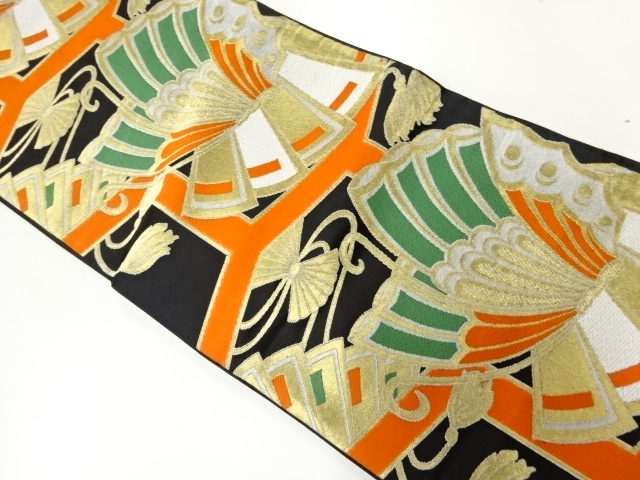 アンティーク　亀甲に檜扇・蝶模様織出し袋帯（着用可）